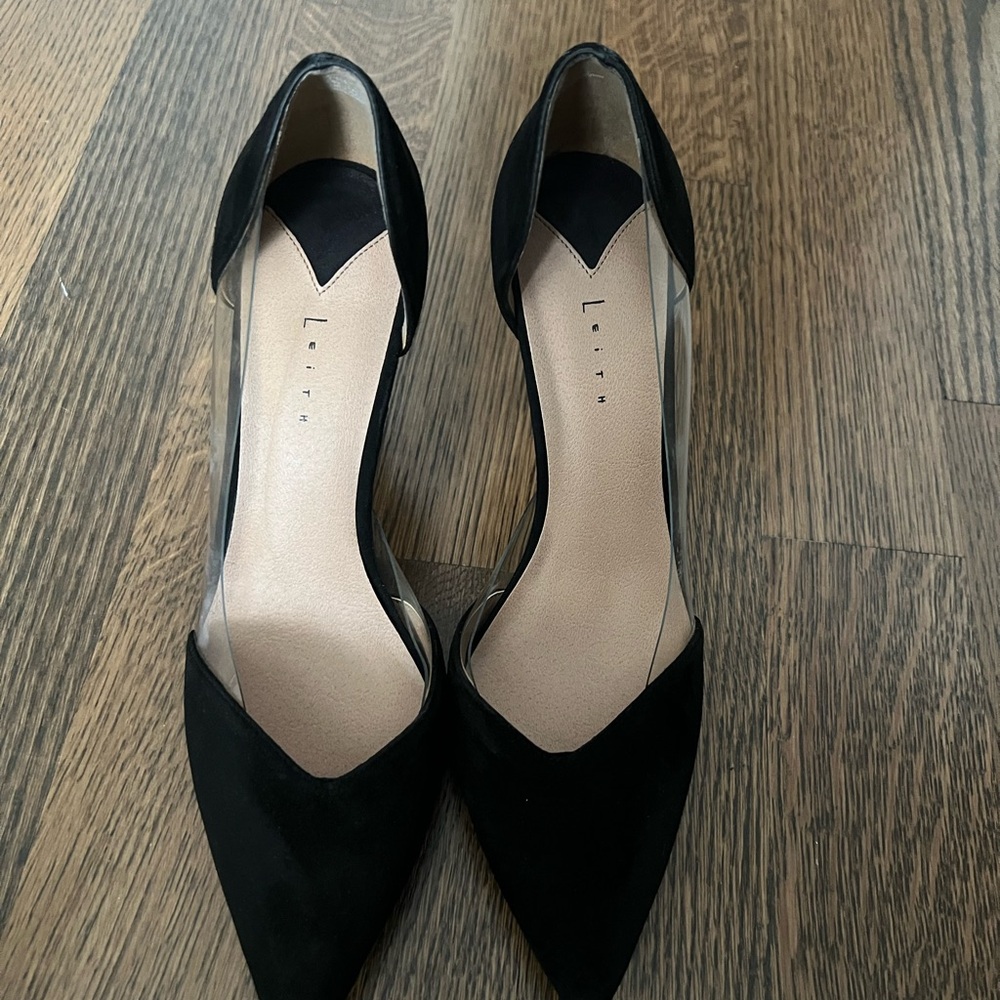 Leith Black Suede Heels with Pointed Toe and Clear Detail